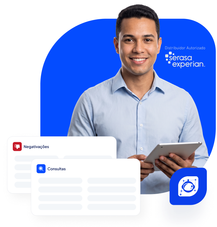 Profissional com tablet, cards de Negativações e Consultas e selo de distribuidor autorizado Serasa Experian