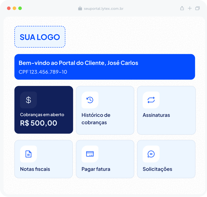 Portal do cliente com a sua marca: cobranças em aberto, histórico, assinaturas, notas fiscais, pagar fatura e solicitações