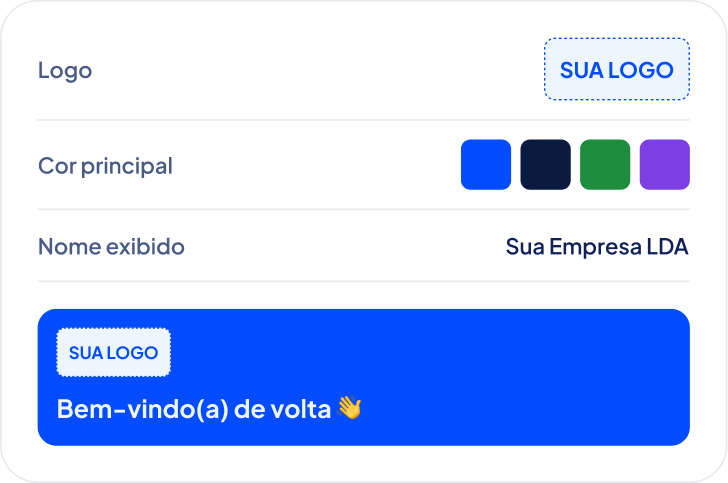 Personalização do portal: logo, cor principal, nome exibido e mensagem de boas-vindas com a sua marca
