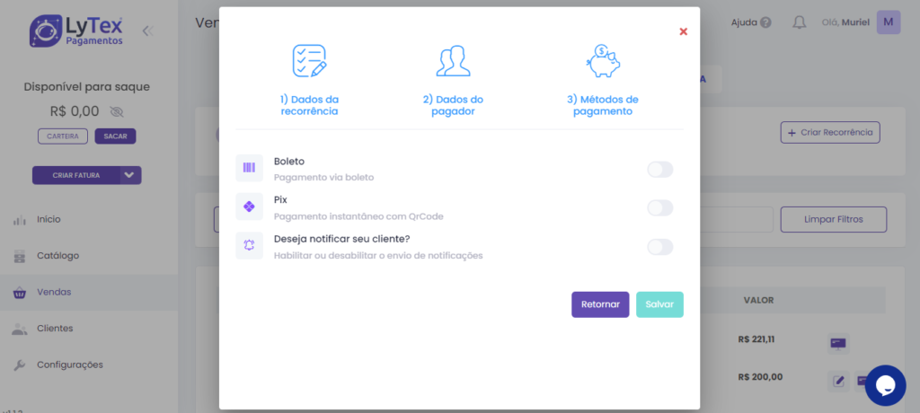 Configuração do método de pagamento para cobrança recorrente na plataforma LyTex Pagamentos