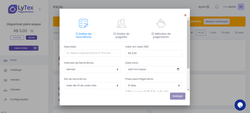 Configuração de cobrança recorrente pelo dashboard da plataforma LyTex Pagamentos